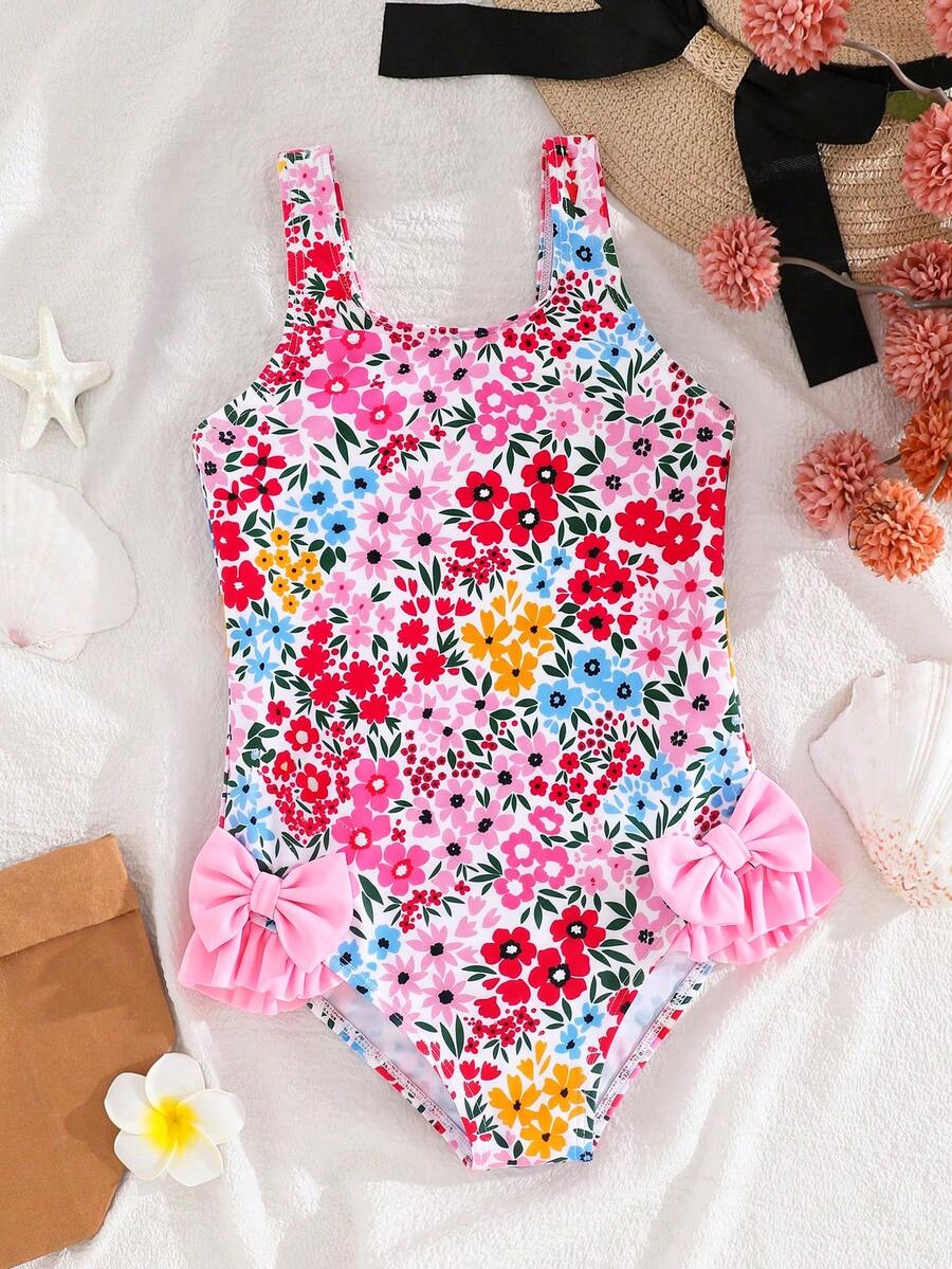 SHEIN Young Girl Knitted Floral Pattern Cute Bow One-Piece Swimwear - Multicolor - View 1