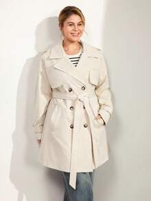 Momelise Plus Size Women's Elegant White Casual Trench Coat,Autumn Office Solid Color Long Sleeve Lapel Double-Breasted Windbreaker,Commuting Coat Fall - Apricot - View 8