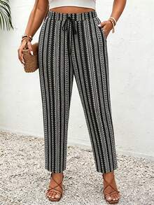 SHEIN Frenchy Plus Size Striped Floral Pattern Tie-Front Casual Pants With Pockets - Multicolor - View 1