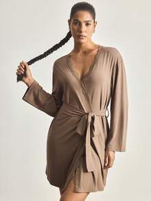 Ocili 简约舒适男女通用蕾丝睡袍，易于打理的女士睡衣浴袍 - 棕色 - 查看 5