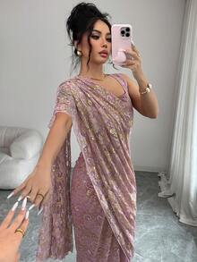 Rafferiza 女士绿色蕾丝披肩连衣裙，露背修身吊带裙，适合节日、休闲派对、宴会、婚礼、日常通勤及其他场合 - 藕粉色 - 查看 3