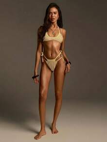 Athîral 女士休闲两件式比基尼套装，细肩带系带泳衣，适合海滩穿着 - 黃色 - 查看 3