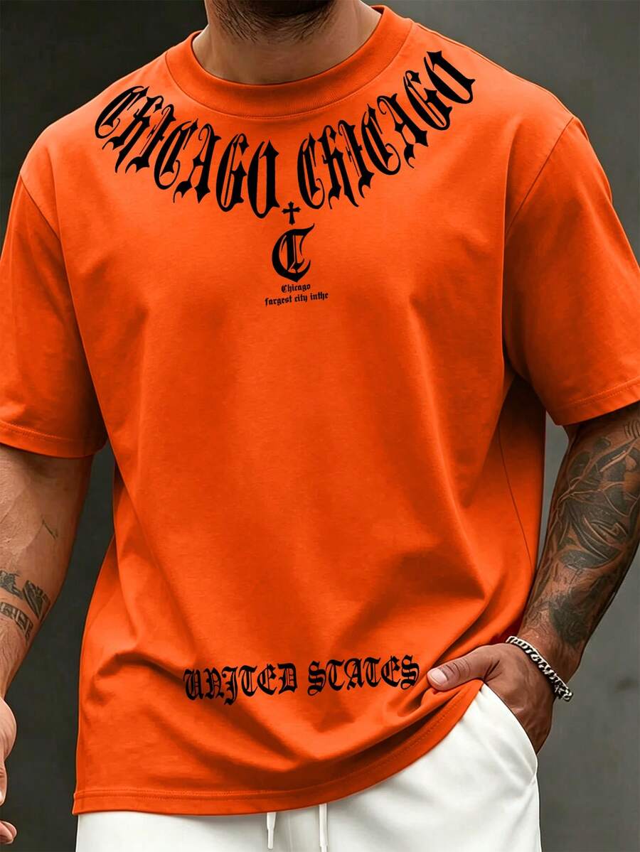 Lornexis Orange CHICAGO Print Plus Size T-Shirt, Gothic Letter Graphic Loose Fit Crew Neck Tee For Plus Size Men - Multicolor - View 1