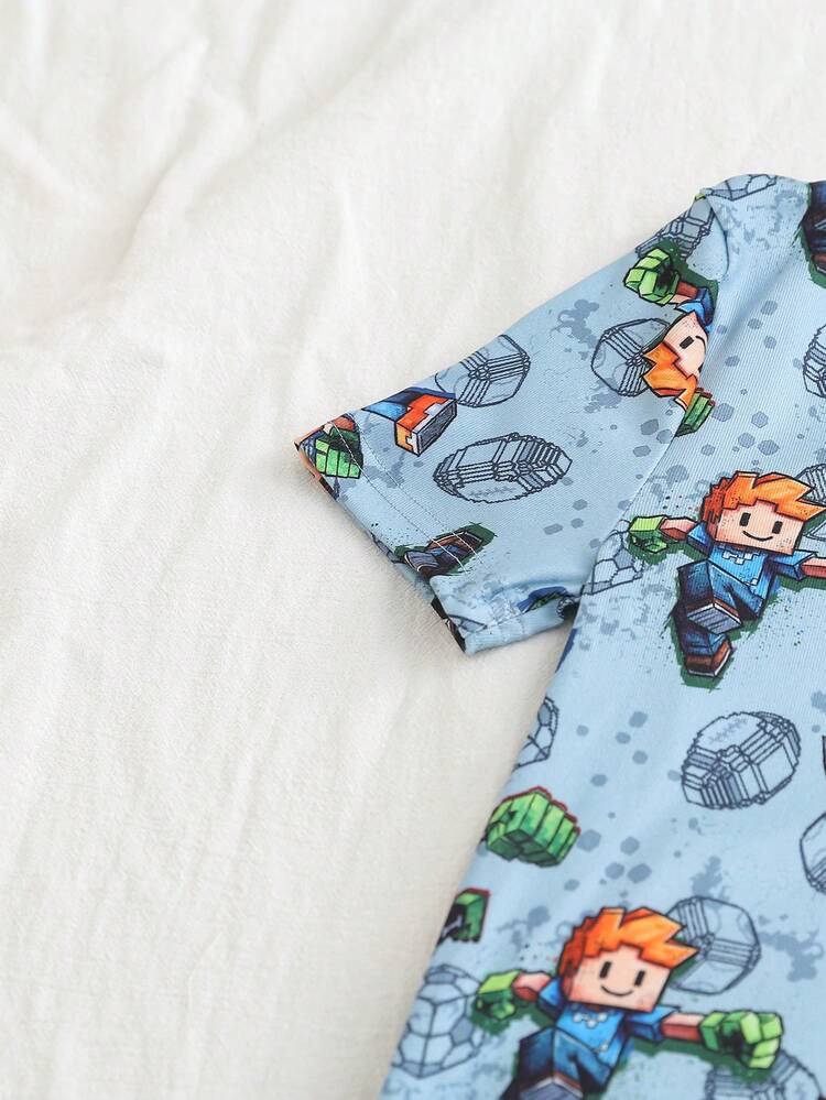 2件套夏季时尚可爱卡通图案针织短袖上衣和短裤睡衣套装，舒适柔软亲肤，贴身舒适，适合夏季穿着 - 彩色 - 查看 4