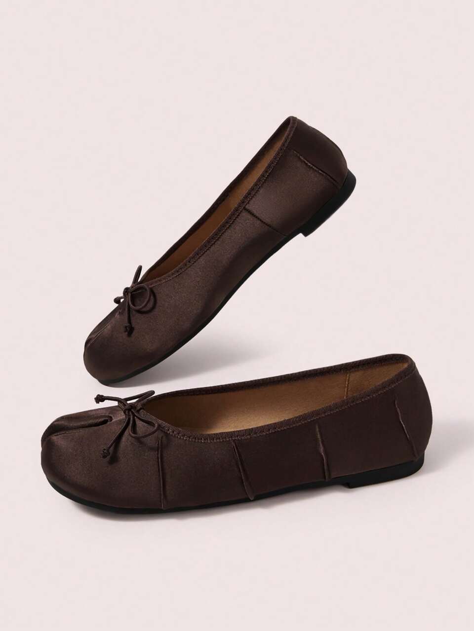 CUCCOO DOLLMOD Women's DarkBrown Satin Pleated Round Toe Split Toe Flats Classic Vintage Japanese Casual Cute Vacation Commute Shoes