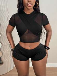 SHEIN BamGlam Bộ đồ thể thao phối lưới xuyên thấu màu đen | Bộ đồ thể thao thời trang thường ngày mùa xuân/hè. - màu đen - Xem 3