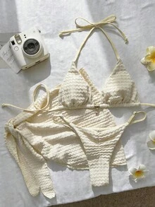 Swim Mod Bộ bikini 3 mảnh dành cho nữ, chất liệu jacquard, kiểu cổ yếm, trang trí kim loại, thích hợp cho mùa xuân/hè. - Màu be - Xem 2