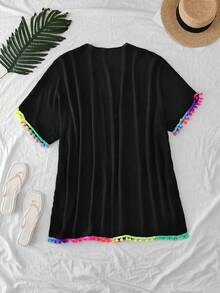 Swim Lushoire Plus Size Women Colorful Fringe & Pom Pom Decor Loose Thin Lightweight Beach Cover-Up Kimono For Summer Beach Vacation - Black - View 7