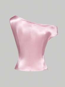 Olithes 女士夏季短袖衬衫，不对称领口，左肩褶皱设计，前腰系带配金属扣，收腰效果，百搭T恤版型，缎面质感面料，侧拉链，风格百搭，优雅商务休闲浪漫风 - 粉色 - 查看 2