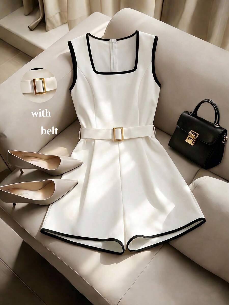 Franclia Mono elegante de mujer con cuello cuadrado, cinturón y sin mangas para uso diario - Blanco - Ver 1