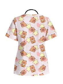 PopScrub Casual Minimalist Retro Elegant Commuting Versatile Warm Pink Star Pattern Cute Print Women's Uniform Top - Multicolor - View 2