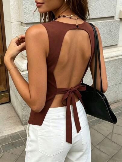 Cévolie Áo hai dây cổ yếm hở lưng tối giản, màu trơn, gợi cảm dành cho nữ mùa hè.