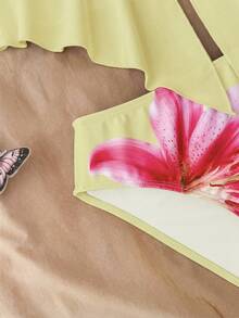 Tankinis de niñas adolescentes con tirantes de espagueti, decoración de estrella de mar de metal, conjunto de bikini con base rosa y gran estampado floral, traje de baño de playa, trajes de baño de primavera/verano para niñas adolescentes. Traje de baño de una pieza con lazo para niñas, traje de baño para niñas, trajes de baño para niñas, trajes de baño florales de verano para vacaciones, traje de baño con flores - Amarillo - Ver 5