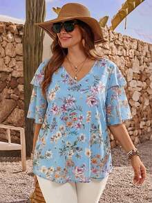 EMERY ROSE Plus Size Women Floral Print Ruffle Sleeve Loose Blouse - Baby Blue - View 4