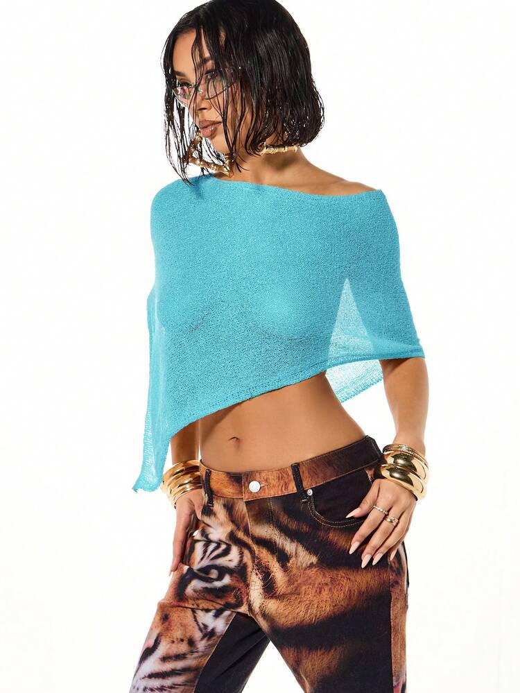 SUMWON WOMEN Sequin Crochet Knit Asymmetric Shawl Top With Off Shoulder Design Beach Cover Up Festival Summer Top