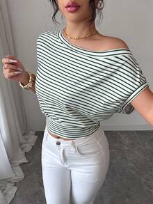 SHEIN Elenzya Asymmetric Waist Hem Oblique Shoulder Elegant Office Lady T-Shirt - Multicolor - View 6
