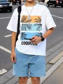 SHEIN Coolqubz 男童时尚运动休闲套装（两件套），圆领短袖T恤套头衫和短裤，时尚印花T恤，适合户外、海滩、度假穿着，柔软舒适的针织宽松版型，适合夏季、运动、休闲穿着。 - 彩色 - 查看 4