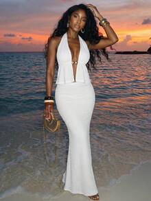 Slaydiva Summer Beach Vacation Metal Decor Spaghetti Strap Top And Long Skirt, Chiffon White 2 Pieces Set For Women - White - View 6