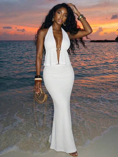 Slaydiva 夏季海滩度假金属装饰吊带上衣和长裙，雪纺白色两件套女装