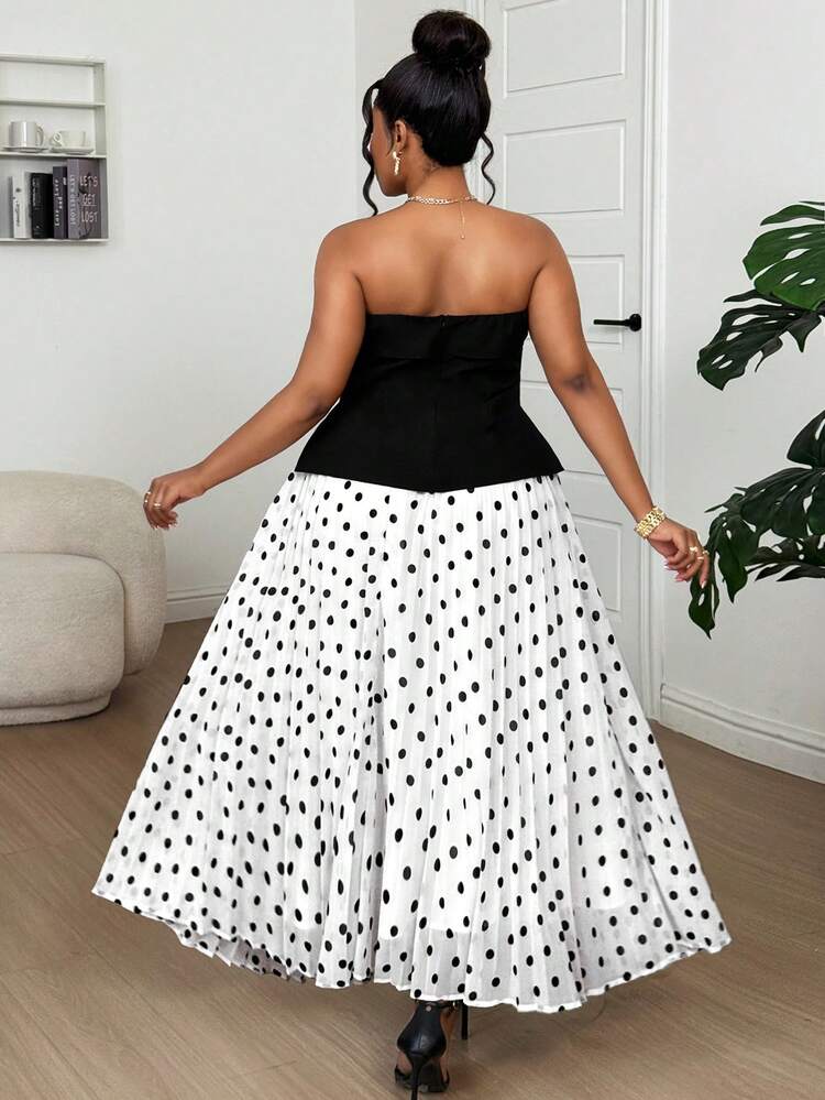 Dazy Plus Spring & Summer Black Polka Dot Print Cropped Camisole And A-Line Skirt Set, Elegant Casual Vacation Beach Outfit, Suitable For Weddings, Dates, Commuting, Plus Size Lounge Sets For Women