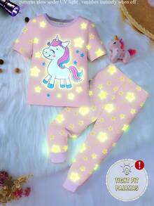 Young Girl' Cute Unicorn & Star Print Contrast Color Knit Elastic Fabric Glow-In-The-Dark Short Sleeve Top And Pants 2 Pieces Pajama Set - Pink - View 5