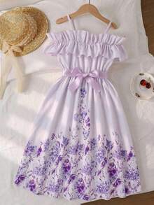 1pc Tween Girl Elegant Floral Digital Print Off-Shoulder Ruffle Adjustable Strap Dress With Satin Belt, Suitable For Daily Wear, Party, Vacation, Casual - Mauve Purple - View 3