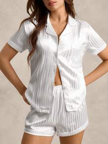 EverLounge Ensemble de pyjama satin à boutons et rayures, blanc - Blanc - Voir 3