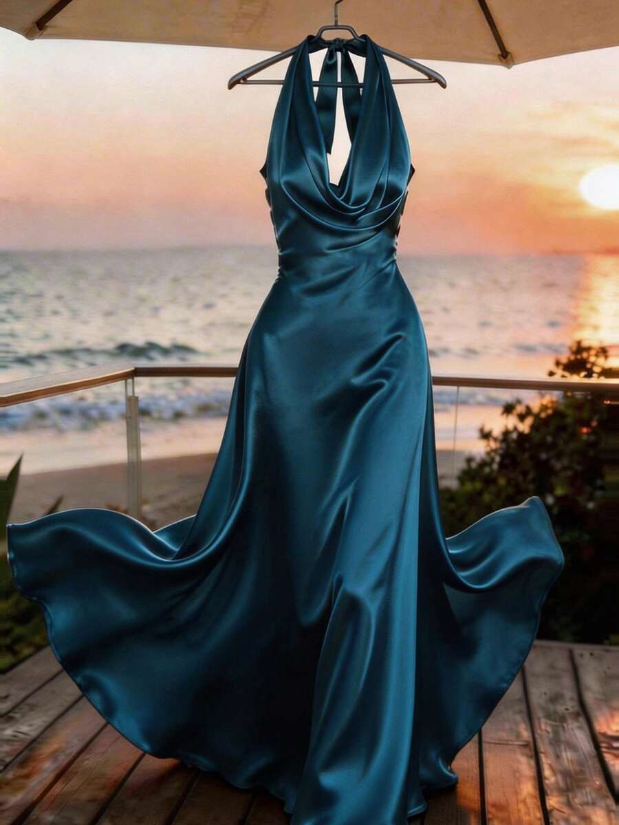SHEIN Franclia 优雅缎面垂褶领杏色连衣裙,性感垂褶领设计,休闲通勤约会上衣,飘逸优雅的派对礼服,宽松版型,舒适贴身,兼具舒适与优雅,一件式设计,百搭风格。从办公室到约会之夜,从都市街头到假日旅行,通勤、日常、会议、商务、办公室、约会、晚宴、毕业典礼、教师职业装、圣诞新年、休闲聚会、旅行等场合皆宜,尽显干练、优雅、简约之美。 - 寶藍色 - 查看 1