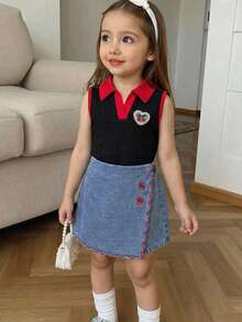 SHEIN Playful Pals Bộ 2 món cho bé gái tuổi teen, áo polo không tay chất liệu vải dệt kim họa tiết hoa anh đào 3D và chân váy ngắn denim thêu hoa anh đào viền bèo nhún. - Nhiều màu - Xem 4