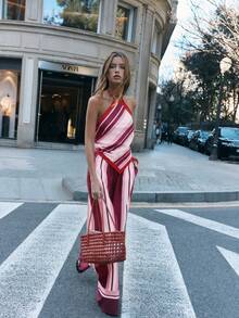 Nöista Co-Ord Halter Neckline With Red Trim And Diagonal Navy, White, And Gray Stripes On The Top. The Wide-Leg Pants Continue The Vertical Stripe Pattern. Set, Spring, Summer, Easter. - Pink - View 9
