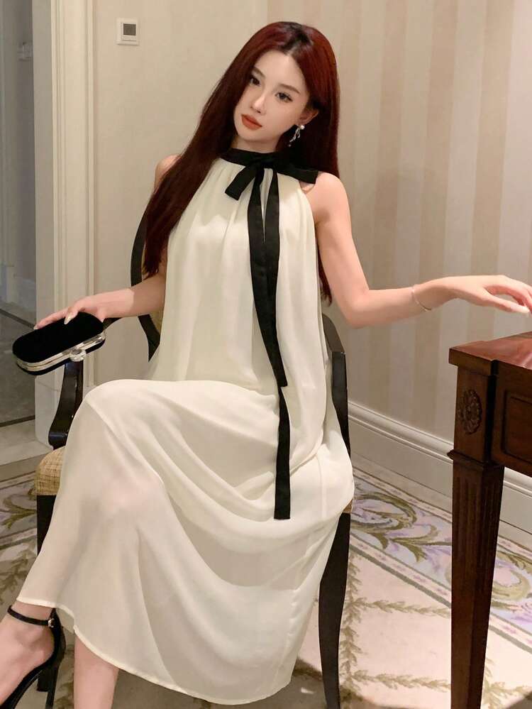 Women's Contrast Color Bow Tie Sleeveless Elegant Korean Style Mid-Length Party Dress