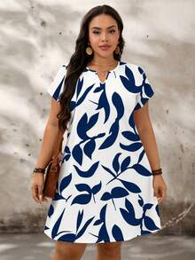SHEIN LUNE Casual Minimalist Color Block Pattern Loose Short Sleeve Plus Size Dress, Suitable For Summer - Navy Blue - View 4