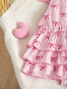 SHEIN Vintaside Kids Baby Girls' Cute & Fun Comfortable Woven Fabric Cap Sleeve Multilayer Ruffle Strap Romper, Suitable For Spring & Summer - Pink - View 8