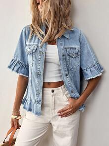 SHEIN Holidaya Áo khoác denim nữ thời trang, đa năng, cài nút, viền bèo nhún - Rửa nhẹ - Xem 3