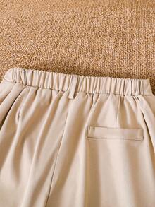 SHEIN Mirajuku Tween Boy Solid Color Elastic Waist Pleated Pocket Casual Tapered Pants - Khaki - View 3