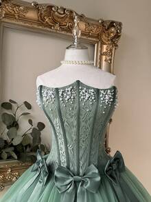 Lovelzi 优雅浪漫蕾丝网纱泡泡裙，无肩带束身胸衣，可拆卸蝴蝶结系带，可调节肩带，适合沙滩、假日派对、生日、毕业典礼、舞会、婚礼、鸡尾酒会等场合的女士礼服 - 橄欖綠 - 查看 4