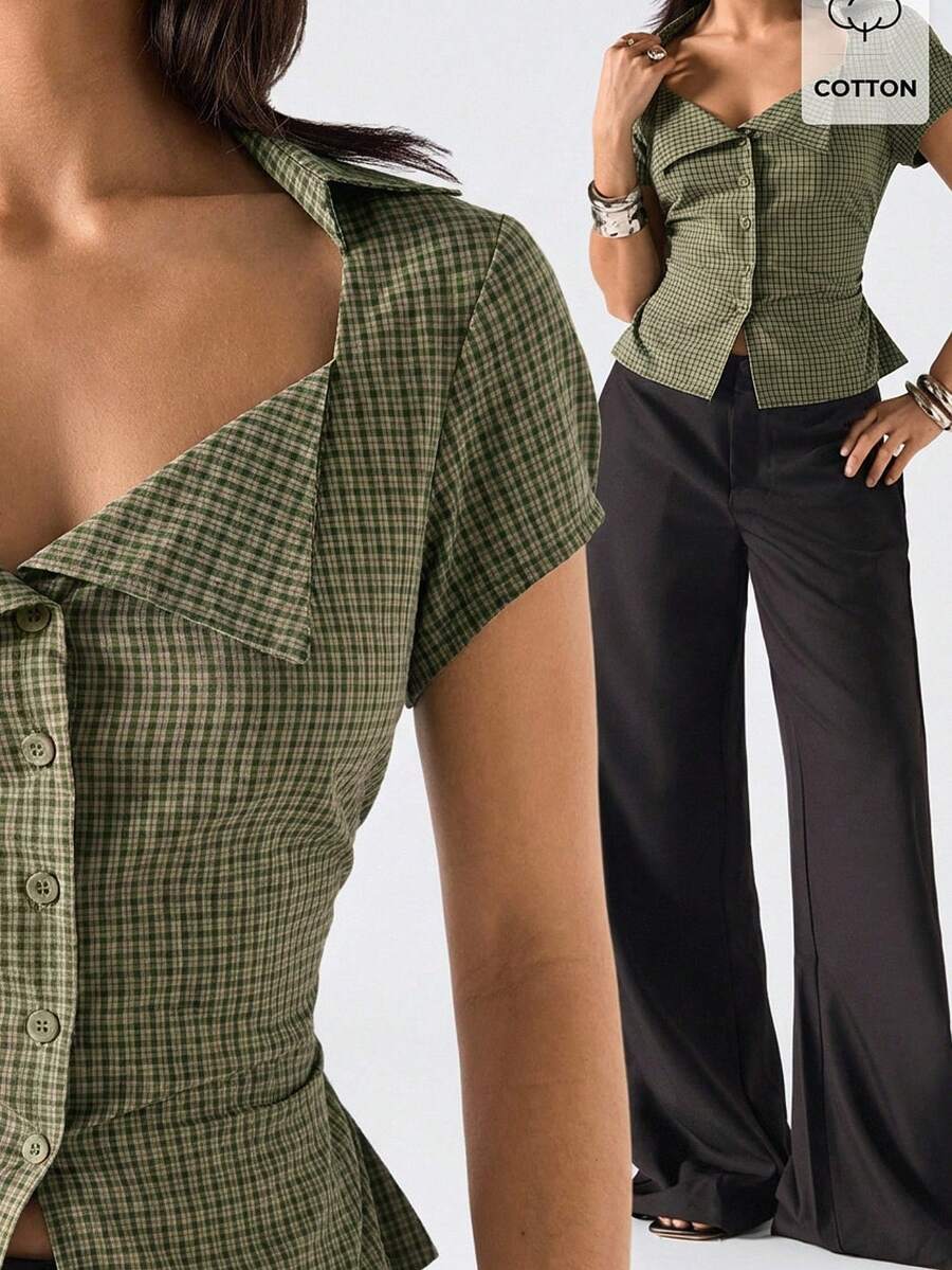 LYSMO 2026 New Minimalist Spring/Summer Women's Fashion Plaid Belted Shirt, Summer Blouse - Multicolor - View 1