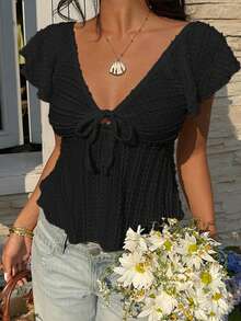 Women's Solid Color Deep V-Neck Casual Versatile Daily Wear T-Shirt - Black - View 4