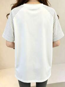INAWLY Women's Casual Striped Patchwork Cherry Print T-Shirt, Summer - White - View 2