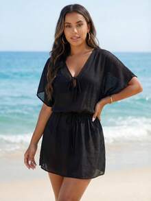 Breezaya 女士V领蝙蝠袖连体短裤，优雅端庄的沙滩罩衫 - 黑色 - 查看 1