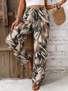 SHEIN Frenchy Quần ống đứng dáng thường ngày dành cho nữ, họa tiết lá cây. - Nhiều màu - Xem 4