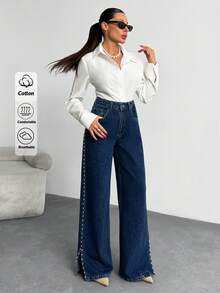 EURMUSE Pärljeans med hög midja och vida ben i denim med sidoslits - Mörktvätt - Visa 6