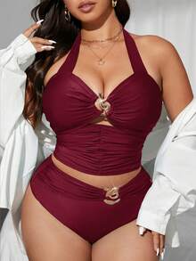 SHEIN Swim Lushore Bộ đồ bơi tankini 2 mảnh màu xanh lá cây dành cho nữ cỡ lớn, kiểu cổ yếm khoét rỗng, lưng trần xếp nếp, thanh lịch và thời trang. - Màu Đỏ Sâu - Xem 3