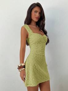 Aloruh Women's Elegant Square Neck Fitted Waist Textured Fabric Solid Color Mini Dress,Dresses For Women Summer - Green - View 4