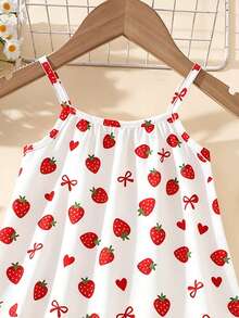 SHEIN 1 chiếc đầm không tay in hình dâu tây năng động và ngọt ngào cho bé gái 4-7 tuổi, chất liệu nhẹ, kiểu dáng sinh động và bắt mắt, phù hợp cho kỳ nghỉ biển/mặc thường ngày, mùa hè. - Nhiều màu - Xem 4