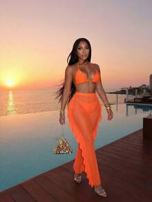 Slaydiva Bộ bikini gợi cảm cho kỳ nghỉ biển năm 2026 + Quần co giãn xếp ly độc đáo, Bộ 3 món gợi cảm, Bộ 3 món thanh lịch, Bộ 3 món cho kỳ nghỉ biển. - Màu Cam cháy - Xem 6