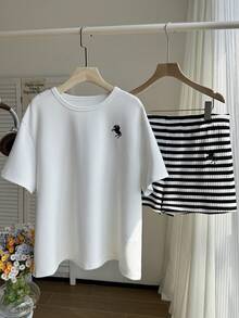 Comfortcana Bộ áo sơ mi và quần short ngắn tay cổ tròn kẻ sọc kiểu cổ điển, cỡ lớn, thích hợp cho mùa xuân/hè. - Đen và trắng - Xem 3