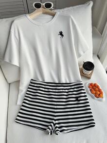 Comfortcana Bộ áo sơ mi và quần short ngắn tay cổ tròn kẻ sọc kiểu cổ điển, cỡ lớn, thích hợp cho mùa xuân/hè. - Đen và trắng - Xem 5