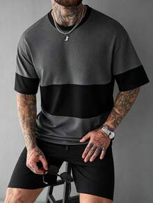 Manfinity Homme 男士休闲撞色T恤和抽绳腰短裤套装 - 彩色 - 查看 4