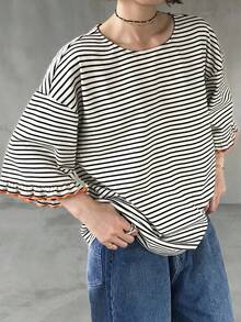 Áo thun nữ dáng rộng kẻ sọc, kiểu dáng thường ngày, đa năng cho mùa xuân và mùa hè. - Đen và trắng - Xem 2